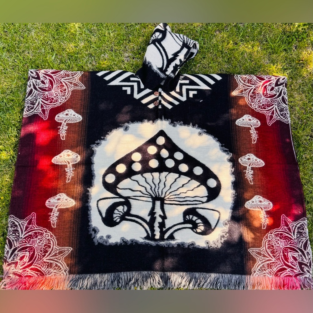 Mushrooms adult size alpaca poncho, unisex, one size, hooded, made in Ecuador